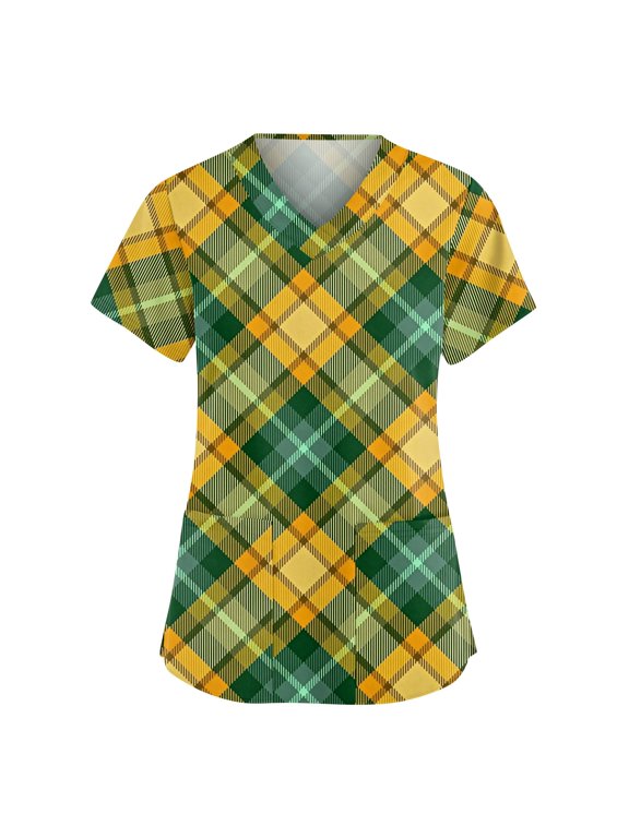 Plaid Scrub Top for Women Short Sleeve V Neck Stretch Workwear Nurse Uniforms with Pocket Women Shirt S-5XL
