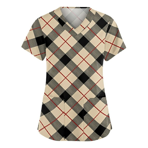 Garbnen Plaid Scrub Top for Women Short Sleeve V Neck Stretch Workwear Nurses Uniforms with Pocket Shirts for Women S-5XL