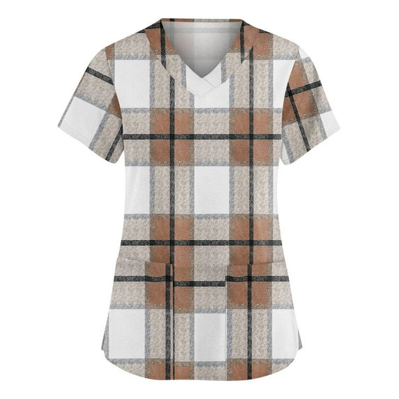 Garbnen Plaid Scrubs Top Short Sleeve V Neck Stretch Workwear Nursing Uniforms with Pocket Women's Shirts S-5XL