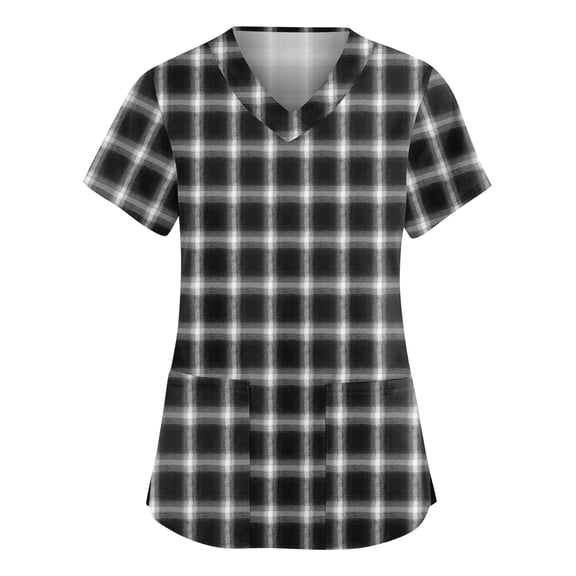 Garbnen Plaid Scrubs Top for Women Short Sleeve V Neck Stretch Workwear Nurse Uniforms with Pocket Top Shirts for Women S-5XL