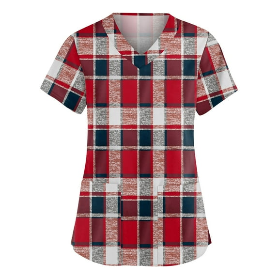 Garbnen Plaid Scrubs Tops for Women Short Sleeve V Neck Stretch Workwear Nurse Uniform with Pocket Women Shirt S-5XL