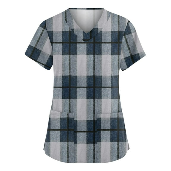 Garbnen Plaid Scrubs Tops for Women Short Sleeve V Neck Stretch Workwear Nursing Uniforms with Pocket Women shirts S-5XL