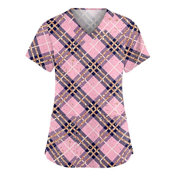 Garbnen Plaid Women's Scrub Tops Short Sleeve V Neck Stretch Workwear Nursing Work Uniforms with Pocket Women shirts S-5XL