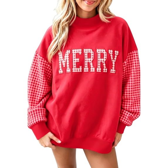 Garbnen Plaid Womens Mock Turtleneck Sweatshirt Merry Graphic Long Sleeve Oversized Sweatshirt for Women Drop Shoulder Lightweight Cozy Soft Fall Y2k Pullover Sweaters for Women