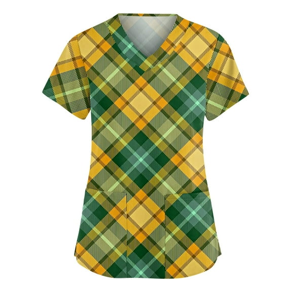 Garbnen Plaid Womens Scrub Top Short Sleeve V Neck Stretch Workwear Working Uniform Nursing Top with Pocket Top Shirt for Woman S-5XL