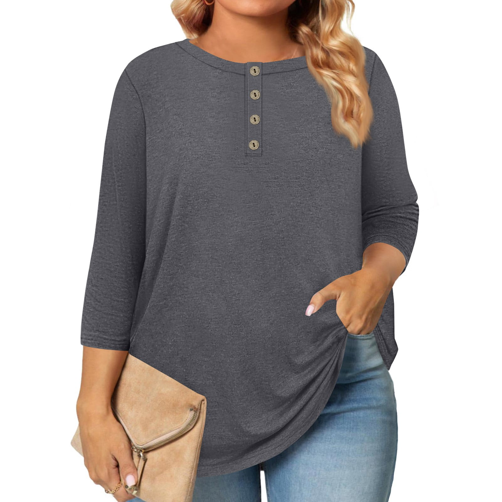 Garbnen Plus Size Shirts for Women 3/4 Sleeve V Neck Button Down Womens ...