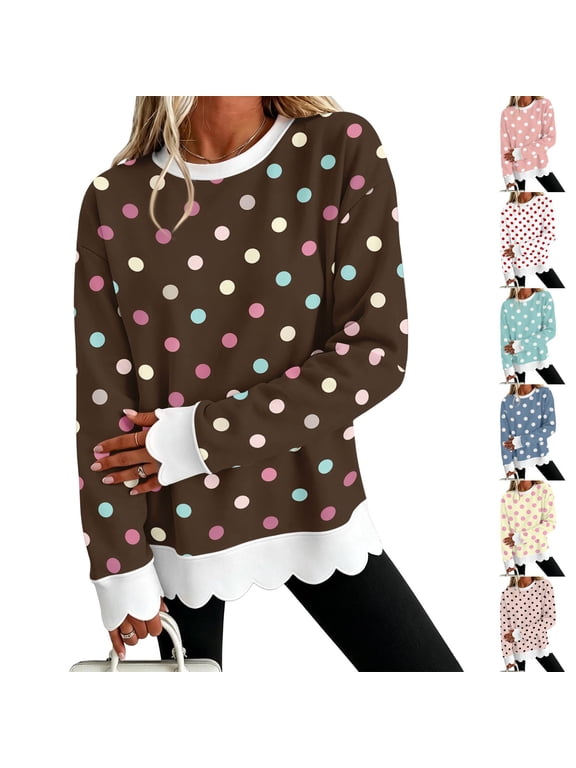 Polka Dot Oversized Sweatshirts for Women Scalloped Trim Trendy Crewneck Sweatshirts Women Color Block Long Sleeve Layering Soft Warm Fall Womens Pullover Sweaters