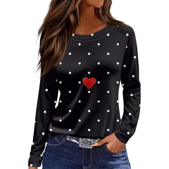 Garbnen Polka Dot Valentines Day Top Women Heart Printed Crewneck Shirt Women Long Sleeve Spring Blouse Women