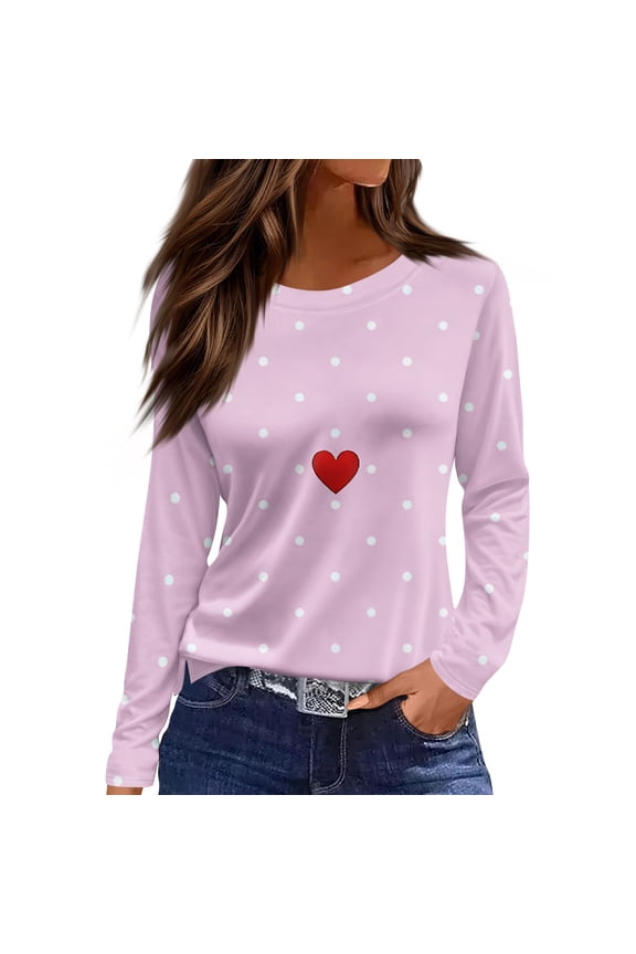 Polka Dot Valentines Womens Tops Cute Heart Print Crew Neck Tops for Women Long Sleeve Spring Women's Graphic Tees