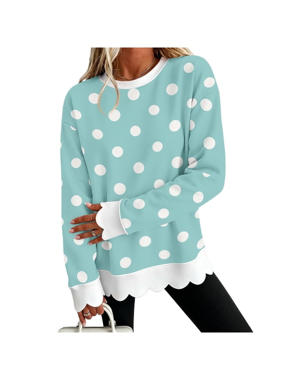 Polka Dot Womens Oversized Sweatshirt Scalloped Trim Trendy Womens Crewneck Sweatshirt Color Block Long Sleeve Layering Soft Warm Fall Womens Pullover Sweaters