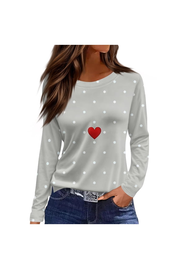 Polka Dot Womens Valentines Day Tops Heart Printed Womens Crew Neck Shirts Long Sleeve Spring Womens Graphic T Shirts