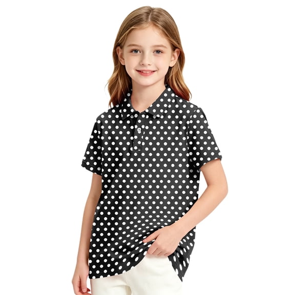 Garbnen Polo Shirt Girls Polka Dot Collared Short Sleeve Girls Golf Shirts Student Preppy Back To School Teen Girls School Uniform Polo Shirts Black 9-10Y