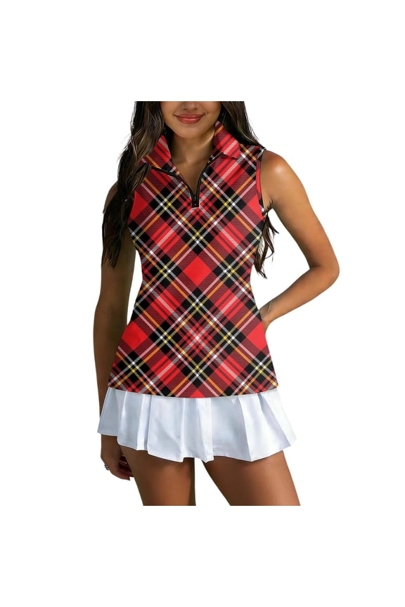 Polo Shirt Women Plaid Collared Quarter Zip Golf Shirt Women Sleeveless Color Block Fitted Summer Lightweight Work Fashion Tank Tops for Women Red M