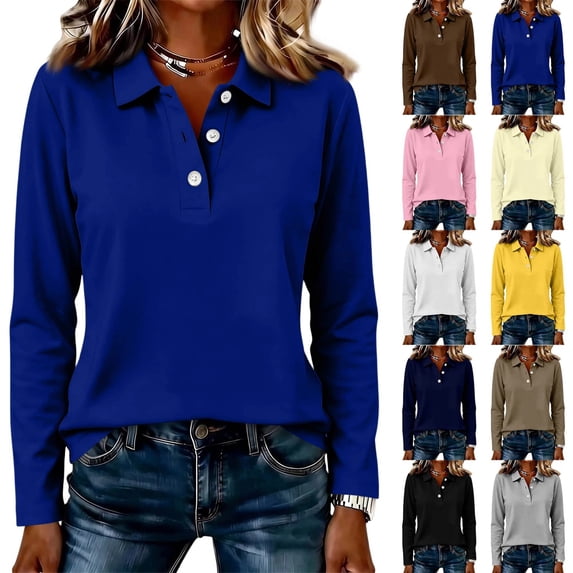 Garbnen Polo Shirt for Women Collared Long Sleeve Shirt for Women Button Down Solid Color Casual Lightweight Office Fashion Golf Shirts for Woman XL