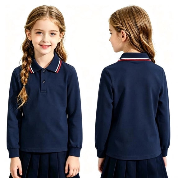 Garbnen Polo Shirts for Boy Girls Striped Quick Dry Long Sleeve Golf Shirt Teen Student Back To School Preppy Button Down Collared School Uniform Navy