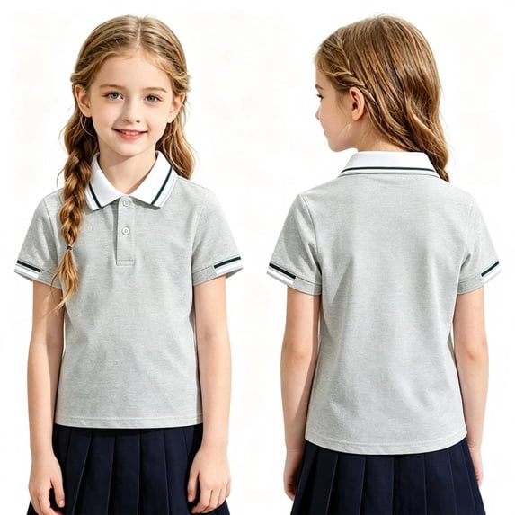 Garbnen Polo Shirts for Girls Boys Striped Quick Dry Short Sleeve Golf Shirt Back To School Preppy Student Teen Collared School Uniform Light Gray