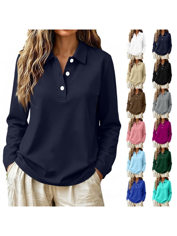 Polo Shirts for Women Button Collared Solid Womens Long Sleeve T Shirts Soft Warm Fall Lightweight Work Womens Golf Shirts