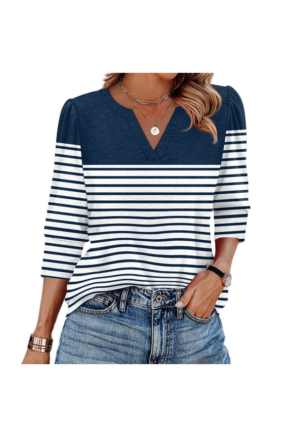 Puffed Sleeve Tops for Women Striped V Neck 3/4 Length Sleeve Womens Tops Color Block Spring Three Quarter Sleeve Tunics Tops for Women