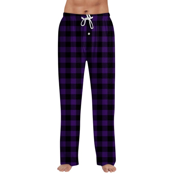 Garbnen Purple Plaid Pajama Pants Men Color Block Straight Leg Men's Pajama Pants Drawstring Spring Summer Lounge Pants for Men with Pocket
