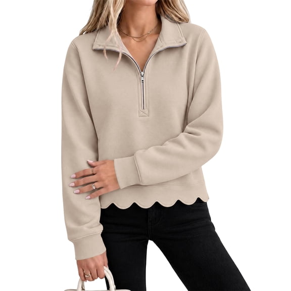 Garbnen Quarter Zip Womens Fleece Sweatshirts Scalloped Hem Solid Zippered Sweatshirts Soft Warm Fall Layering Thermal Sweaters for Women