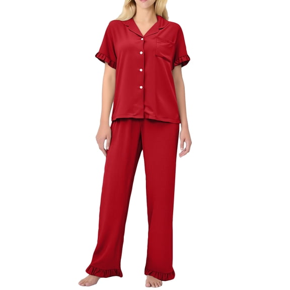 Garbnen Red Women’s Pajama Sets Short Sleeve Button Down Collar Sleepwear Top and Pants Spring Summer Pjs Loungewear with Pocket