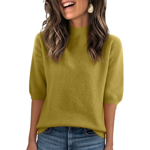 Garbnen Ribbed Tshirt Women Knit Mock Neck Womens Half Sleeve Tops Fitted Trendy Spring Stretch Basic Womens Tunic Sweaters Yellow XXL