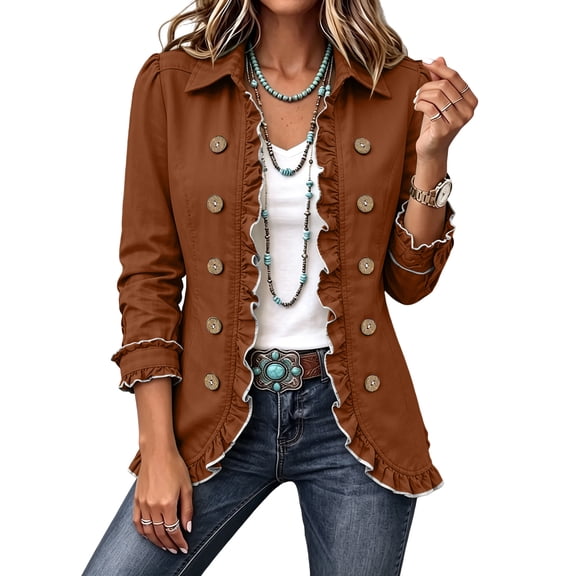Garbnen Ruffle Jean Jacket Women Double Breasted Vintage Plain Western Y2k Long Sleeve Sweatshirt Blazer Women Fall Lightweight Outdoor Coats for Women