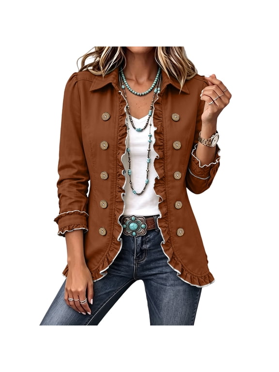 Ruffle Jean Jacket Women Double Breasted Vintage Plain Western Y2k Long Sleeve Sweatshirt Blazer Women Fall Lightweight Outdoor Coats for Women