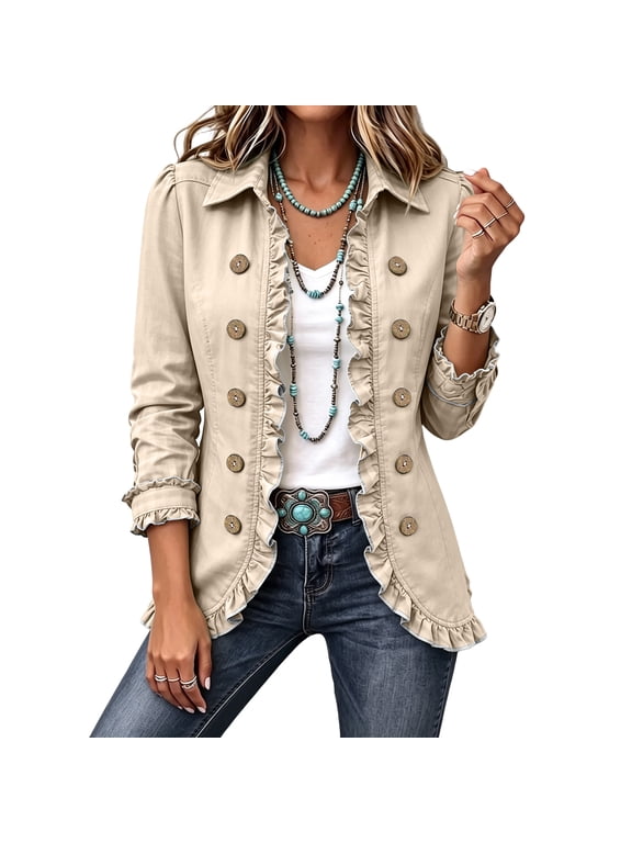 Ruffle Jean Jacket Women Double Breasted Vintage Plain Western Y2k Long Sleeve Women's Blazers & Suit Jackets Fall Lightweight Outdoor Coats for Women