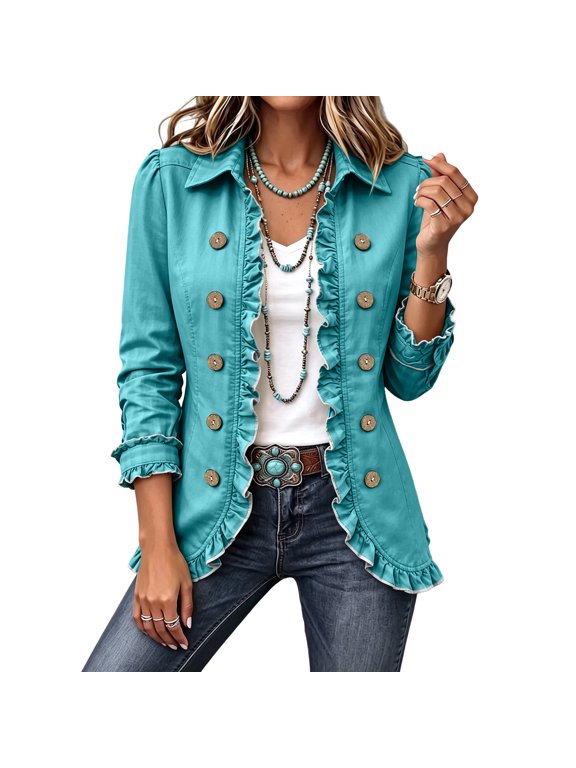 Ruffle Jean Jacket Women Double Breasted Vintage Solid Western Y2k Long Sleeve Women Blazer Fall Lightweight Outdoor Women Outerwear