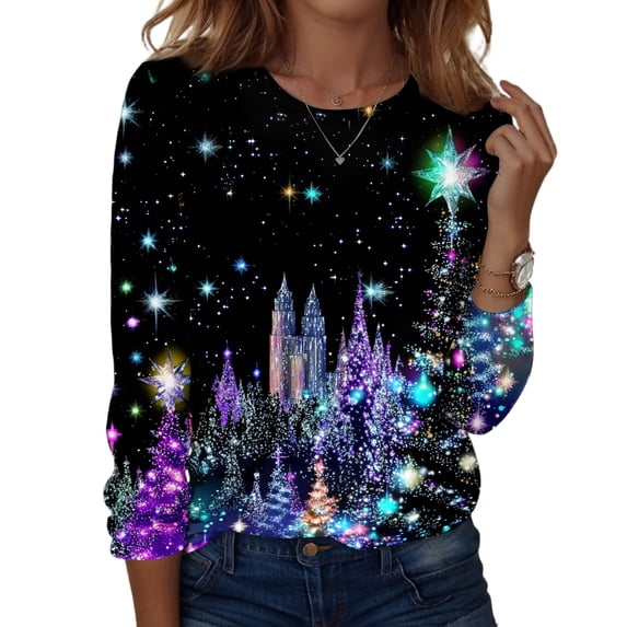 Garbnen S-5XL Christmas Long Sleeve Shirts for Women Funny Merry Xmas Womens T Shirts Graphic Plus Size Holiday Pullover Shirts for Women L