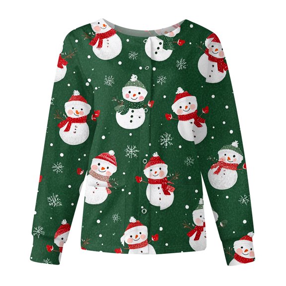Garbnen S-5XL Christmas Nurse Jackets for Women Scrub Santa Claus Print Nursing Uniforms for Women Scrubs Warm Up Snap Front Funny Merry and Bright Xmas Women's Work Shirts with Pockets