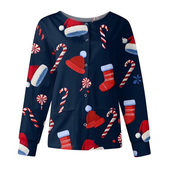 Garbnen S-5XL Christmas Scrub Jacket for Women Christmas Snowman Printed Nursing Uniform Snap Front Warm Up Funny Merry and Bright Xmas Womens Work Tops with Pockets