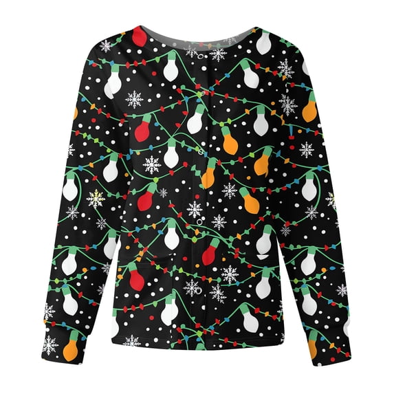 Garbnen S-5XL Christmas Scrub Jackets for Woman Christmas Snowflake Printed Nurses Uniforms for Women Warm Up Snap Front Funny Merry and Bright Xmas Women Work Tops with Pockets