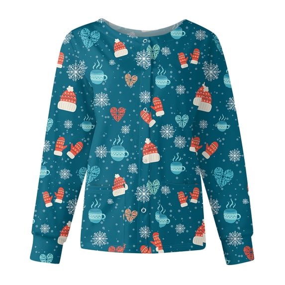 Garbnen S-5XL Christmas Scrub Jackets for Women Santa Claus Graphic Nursing Uniforms for Women Scrubs Warm Up Snap Front Fall Winter Funny Merry Xmas Womens Tops Workwear with Pockets