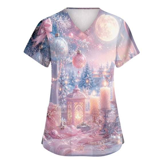 Garbnen S-5XL Christmas Scrub Women Santa Claus Christmas Tree Printed Nursing Uniforms for Women Funny Merry Xmas Fall Winter Plus Size Women Work Tops with Pockets