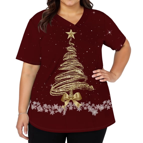Garbnen S-5XL Christmas Scrubs Tops for Women Xmas Tree Print Plus Size Workwear for Nurses Fall Winter Funny Merry Xmas Nursing Uniforms for Women Scrubs with Pockets