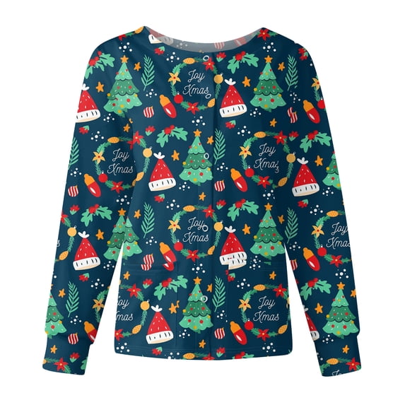 Garbnen S-5XL Christmas Women Scrub Jacket Christmas Tree Printed Nurse Uniforms Snap Front Warm Up Fall Winter Funny Merry Xmas Women's Work Shirts with Pockets