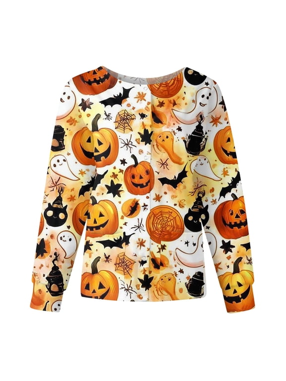 S-5XL Halloween Nurse Jackets for Women Scrub Funny Ghost Pumpkin Moon Nurses Uniform Snap Front Fall Womens Work Clothes with Pocket Yellow S