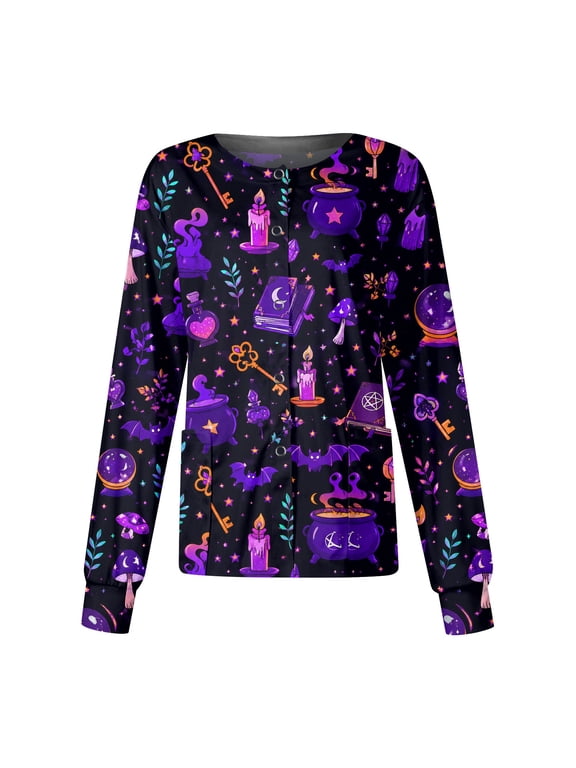 S-5XL Halloween Nurse Jackets for Women Scrub Funny Pumpkin Ghost Witch Nurses Uniforms for Women Snap Front Fall Womens Work Clothes with Pocket Purple S