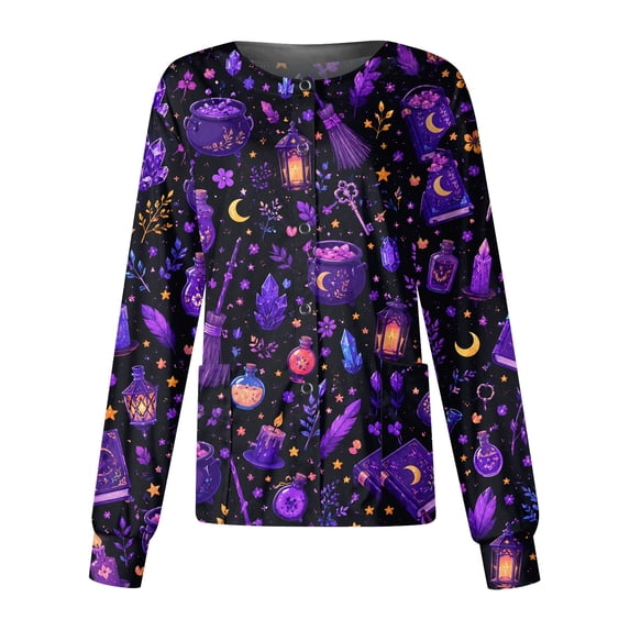 Garbnen S-5XL Halloween Nurse Jackets for Women Scrub Ghost Pumpkin Moon Nurses Uniforms for Women Snap Front Fall Womens Work Clothes with Pocket Purple XL