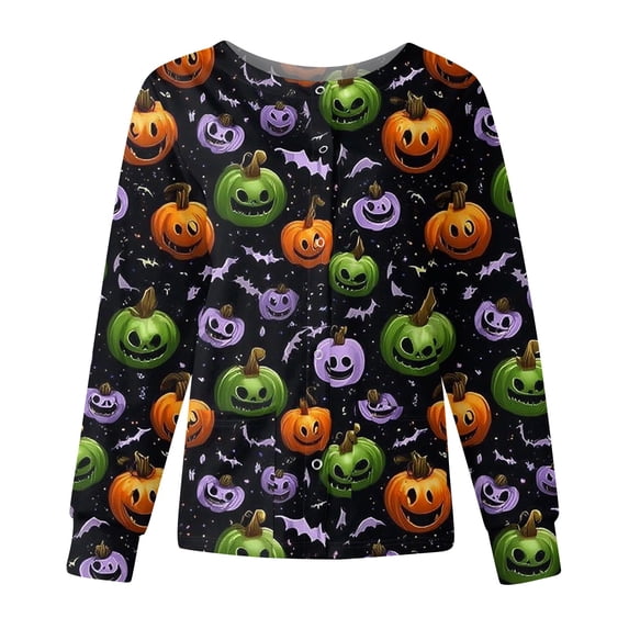 Garbnen S-5XL Halloween Nurse Jackets for Women Scrub Ghost Pumpkin Spider Web Nurse Uniform Snap Front Fall Womens Tops Workwear with Pocket Green XL