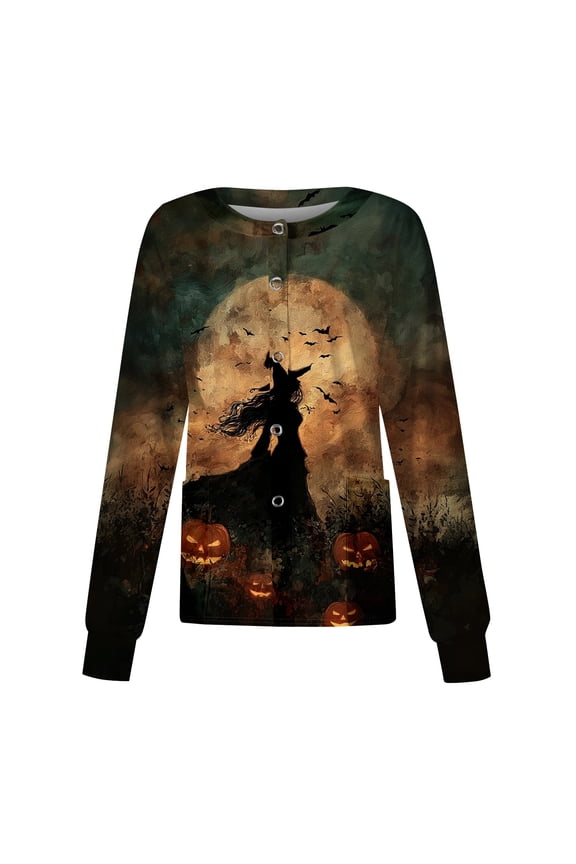 S-5XL Halloween Nurse Jackets for Women Scrub Witch Graphic Nursing Uniforms for Women Funny Ghost Pumpkin Snap Front Fall Workwear for Nurses with Pocket Yellow 4XL
