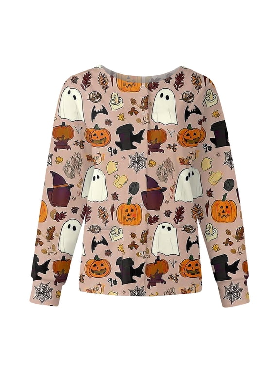 S-5XL Halloween Nurse Jackets for Women Scrub Funny Pumpkin Ghost Candy Nurse Uniform Snap Front Fall Women Workwear with Pocket S