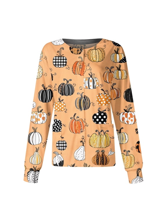 S-5XL Halloween Nurse Jackets for Women Scrub Ghost Pumpkin Witch Nurse Uniform Snap Front Fall Women's Workwear with Pocket Orange XL