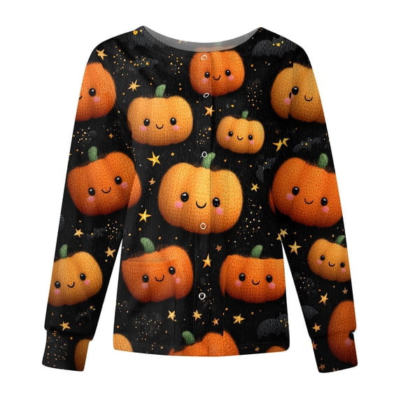 Garbnen S-5XL Halloween Nurse Jackets for Women Scrub Ghost Pumpkin Witch Nurse Uniforms Snap Front Fall Womens Work Clothes with Pocket L