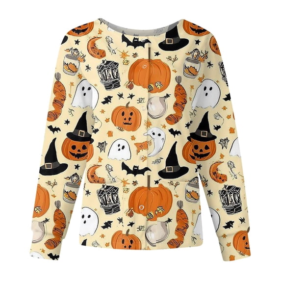Garbnen S-5XL Halloween Scrub Jacket Women Funny Ghost Pumpkin Spider Web Nurses Uniforms Scrubs for Women Snap Front Fall Workwear Tops for Women with Pocket Beige XXXL