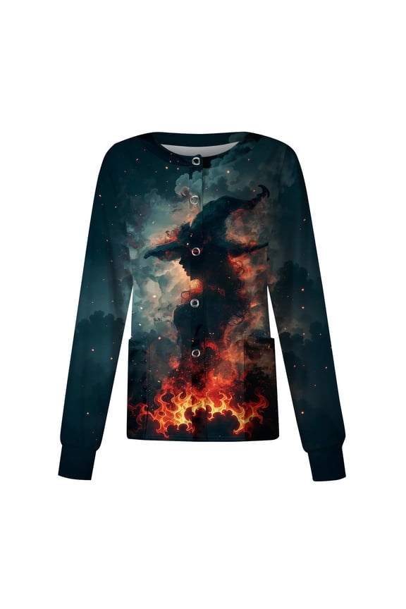 S-5XL Halloween Scrub Jacket Women Witch Print Nursing Uniform Ghost Pumpkin Snap Front Fall Women Workwear with Pocket Gray L