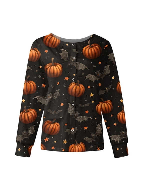 S-5XL Halloween Scrub Jacket for Women Pumpkin Ghost Cat Nursing Uniforms for Women Snap Front Fall Womens Tops Workwear with Pocket 5XL