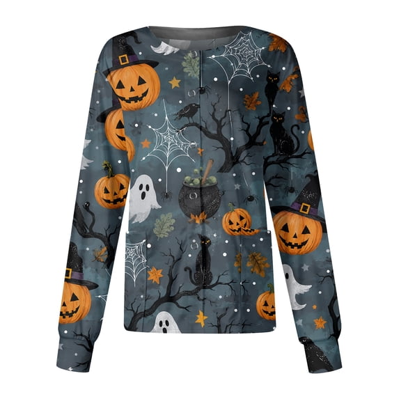 Garbnen S-5XL Halloween Scrub Jackets for Woman Ghost Pumpkin Witch Nursing Uniform Snap Front Fall Workwear Women with Pocket Gray L